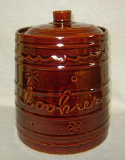 Vintage 1950s MARCREST DAISY & DOT Brown Stoneware Cookie Jar w/ Lid 